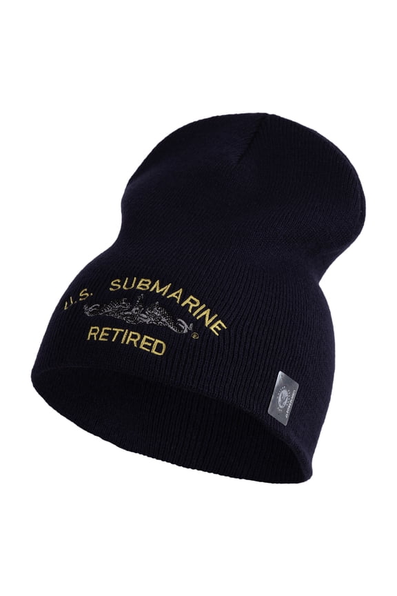 US Submarine Retired Symbol Embroidered Heavyweight Classic Knit YP Short Beanie - Navy OSFM