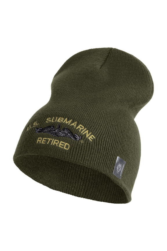 US Submarine Retired Symbol Embroidered Heavyweight Classic Knit YP Short Beanie - Olive OSFM