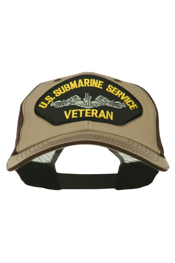 US Submarine Service Veteran Patched Big Size Washed Mesh Cap - Khaki Brown XL-3XL