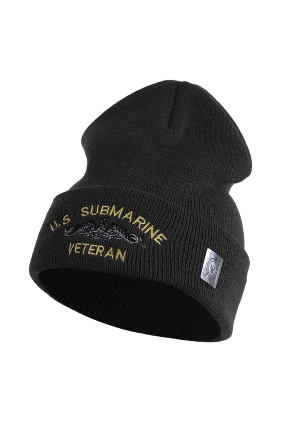US Submarine Veteran Military Embroidered 12 inch Cuffed Knit YP Long Beanie - Dk Grey OSFM