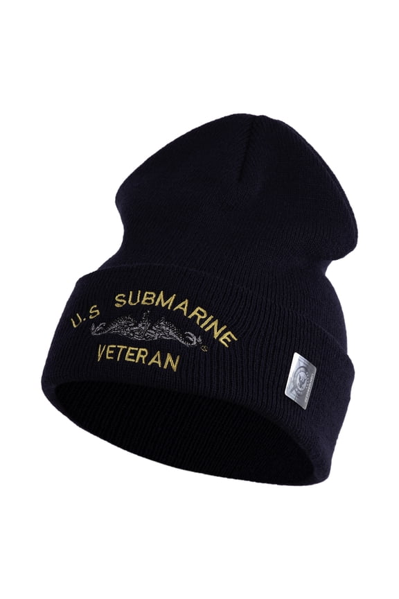 US Submarine Veteran Military Embroidered 12 inch Cuffed Knit YP Long Beanie - Navy OSFM
