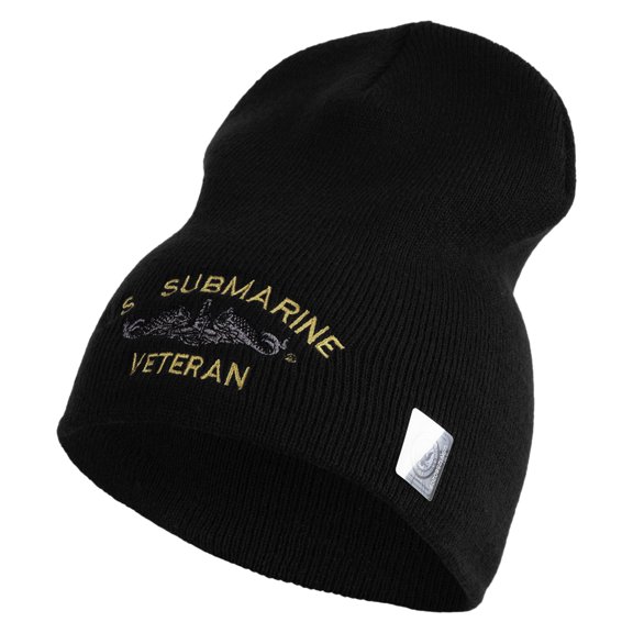 US Submarine Veteran Symbol Embroidered Heavyweight Classic Knit YP Short Beanie - Black OSFM