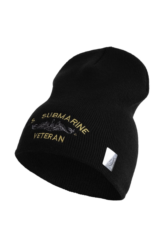 US Submarine Veteran Symbol Embroidered Heavyweight Classic Knit YP Short Beanie - Black OSFM