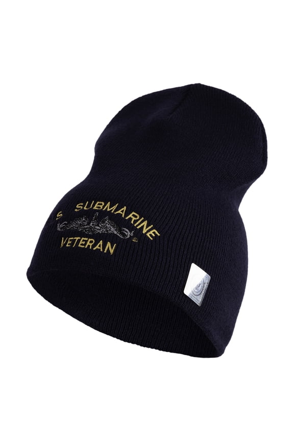 US Submarine Veteran Symbol Embroidered Heavyweight Classic Knit YP Short Beanie - Navy OSFM