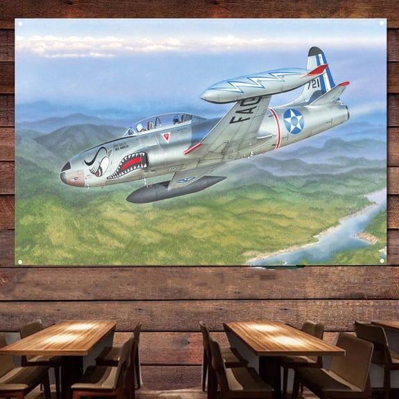 US T-33 Fighter Picture Wall Flag, Wall Art Wall Decor Tapestry Military Fighter Jet Poster Canvas Banner Artwork With 4 Metal Ring Buckles Ready to Hang 38" x 57"