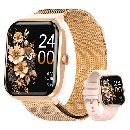 OWNTECH 1.9-inch Smart Watch Compatible with Android and iPhone, Fitness Tracker with Call Function, 100+ Sports Modes, IP68 Waterproof Activity Tracker, Dual Straps, Gold
