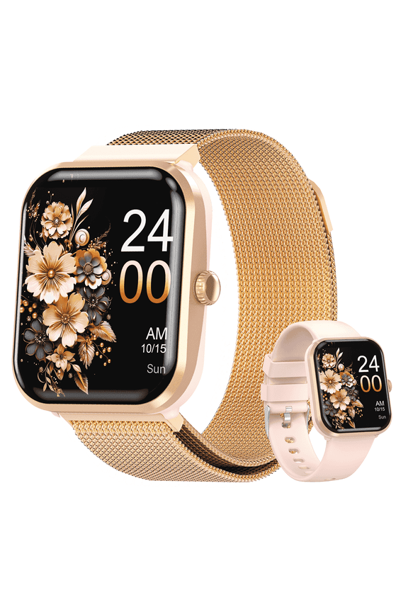 1.9-inch Smart Watch Compatible with Android and iPhone, Fitness Tracker with Call Function, 100+ Sports Modes, IP68 Waterproof Activity Tracker, Dual Straps, Gold