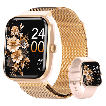 OWNTECH 1.9-inch Smart Watch Compatible with Android and iPhone, Fitness Tracker with Call Function, 100+ Sports Modes, IP68 Waterproof Activity Tracker, Dual Straps, Gold