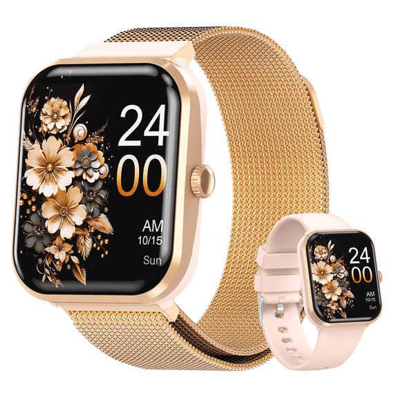OWNTECH 1.9-inch Smart Watch Compatible with Android and iPhone, Fitness Tracker with Call Function, 100+ Sports Modes, IP68 Waterproof Activity Tracker, Dual Straps, Gold