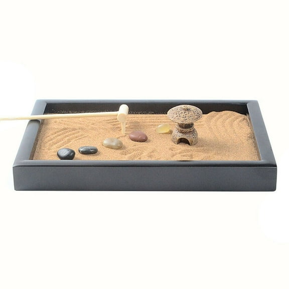US Tabletop Mini Meditation Zen Garden w/ Pavilion statue Rock Venues Rake Sand