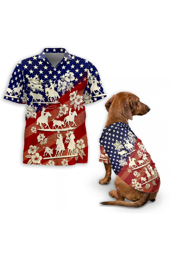US Team Roping Flag Hawaiian Shirt, Red and Navy Western Rodeo Print Button Down Shirt for Adults or Dogs, Short Sleeve Summer Shirt