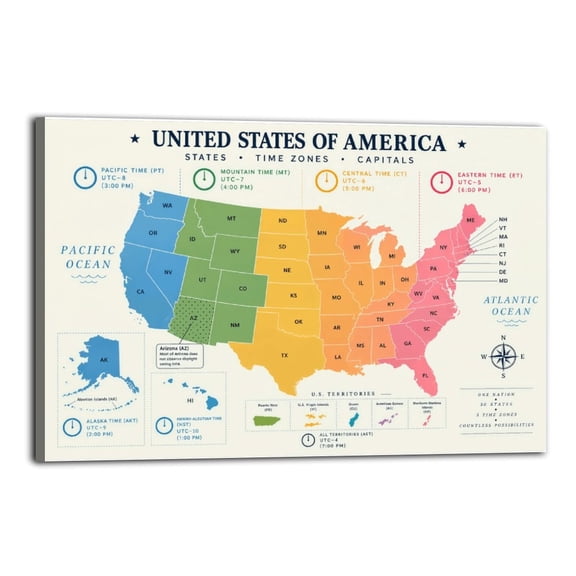 US Time Zone Map Canvas Print, Wall Art Poster for Room Decor, Geography Education