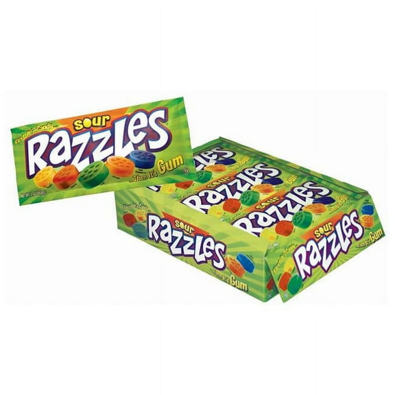 Sour Razzles Candy/Gum, Box of 24 1.4-Ounce Bags