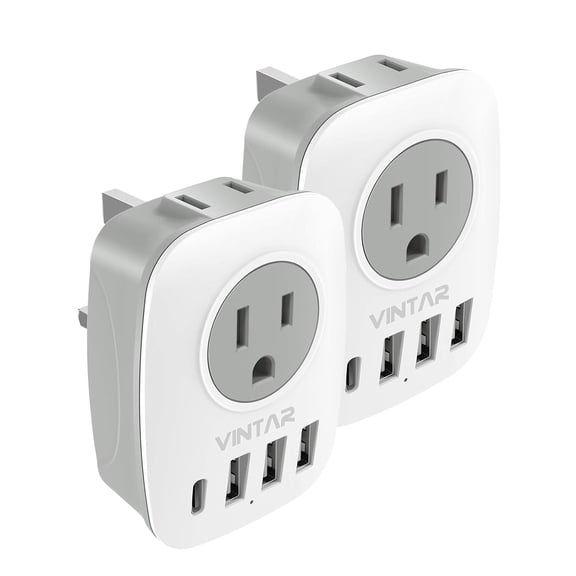 US to UK Ireland Travel Plug Adapter 2 Pack, VINTAR Type G Plug Adapter with 2 Outlets 4 USB Ports(1 USB-C), UK Power Adaptor for USA to England Scotland Dubai Hong Kong British Kenya London