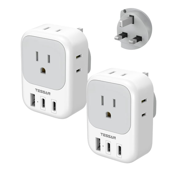 US to UK Plug Adapter 2 Pack, TESSAN Type G Adapter for Travel with 4 Outlets 3 USB (2 USB-C), Power Adaptor for US to UK Ireland London Scotland Kenya Dubai Singapore Hong Kong