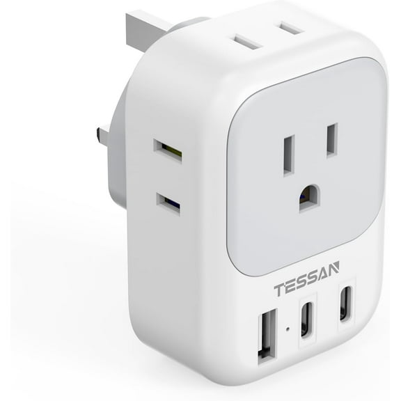 US to UK Plug Adapter, Type G Travel Adaptor with 4 Electrical Outlets 3 USB Ports (2 C), Ireland Power Adapter for USA England London Scotland Dubai Singapore Qatar Kenya British