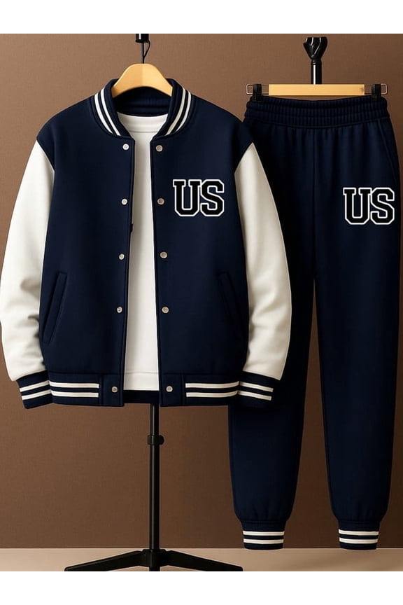US Varsity Tracksuit Set baseball jacket set funny boy blue machine washable Casual Long Sleeve Hooded Baseball Jacket & Joggers Set Perfect for Outdoor baggy cartoon letter gifts 3 to 10 years old