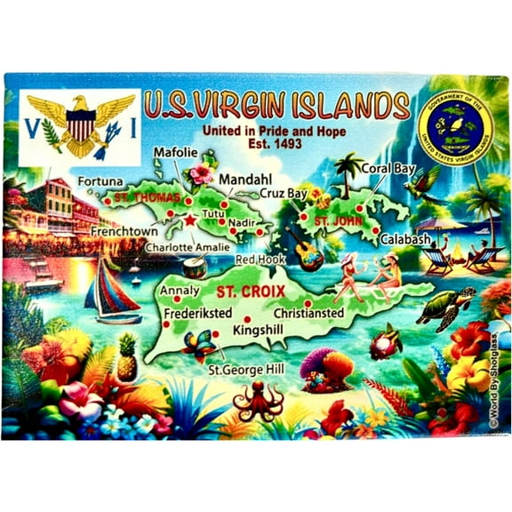 US Virgin Islands Graphic Map and Attractions Souvenir Fridge Magnet 2.5" X 3.5"