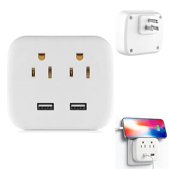US Wall Outlet Extender, 2 AC Outlets & 2 USB Charging Ports, 10A Mini Wall Tap Power Strip for Home Travel Office