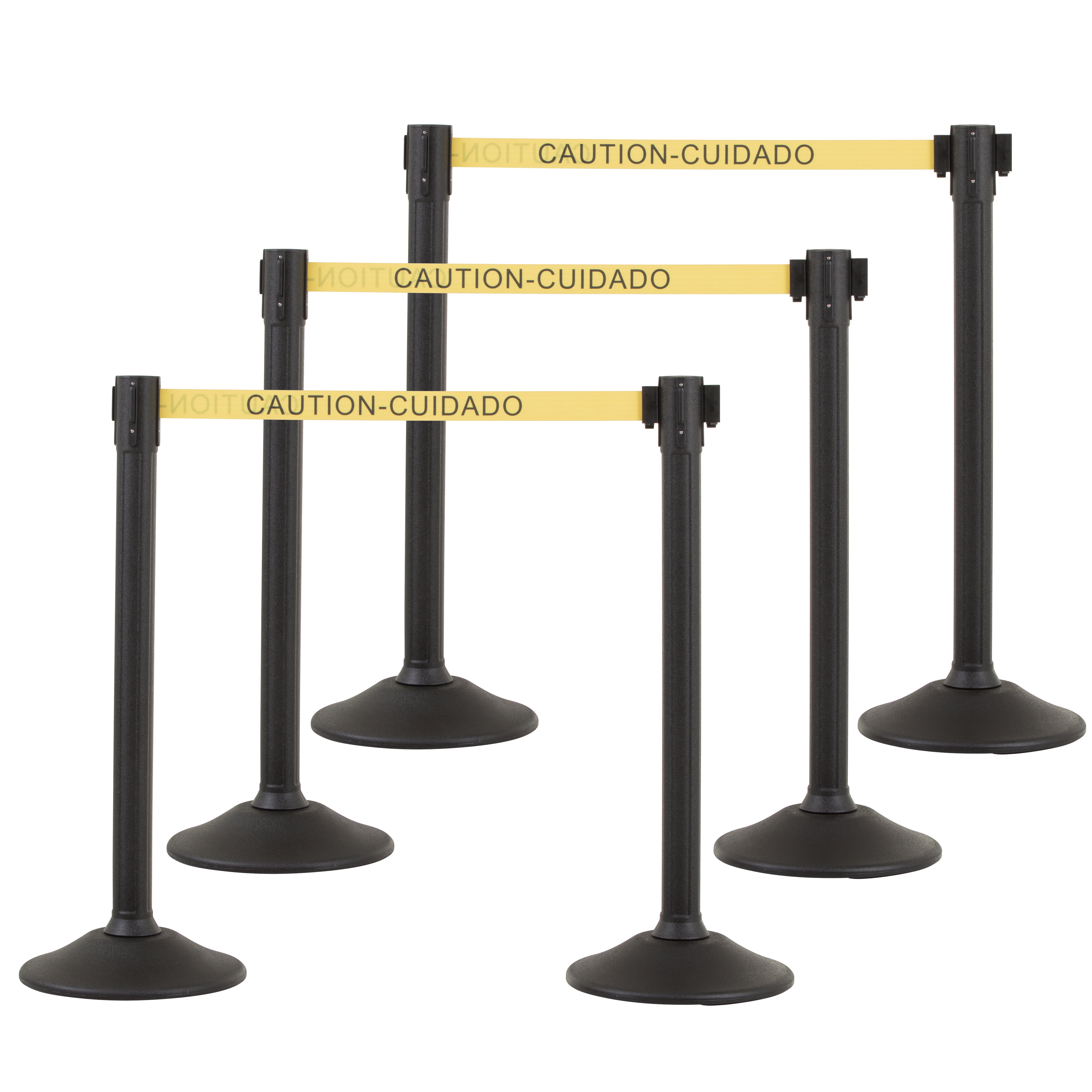 US Weight Black Plastic Stanchion for Crowd Control with 6.5' Caution Retractable Black Barrier Belt with Tool-Free Assembly and Belt Ends that Fit Most Brands - 6 PK