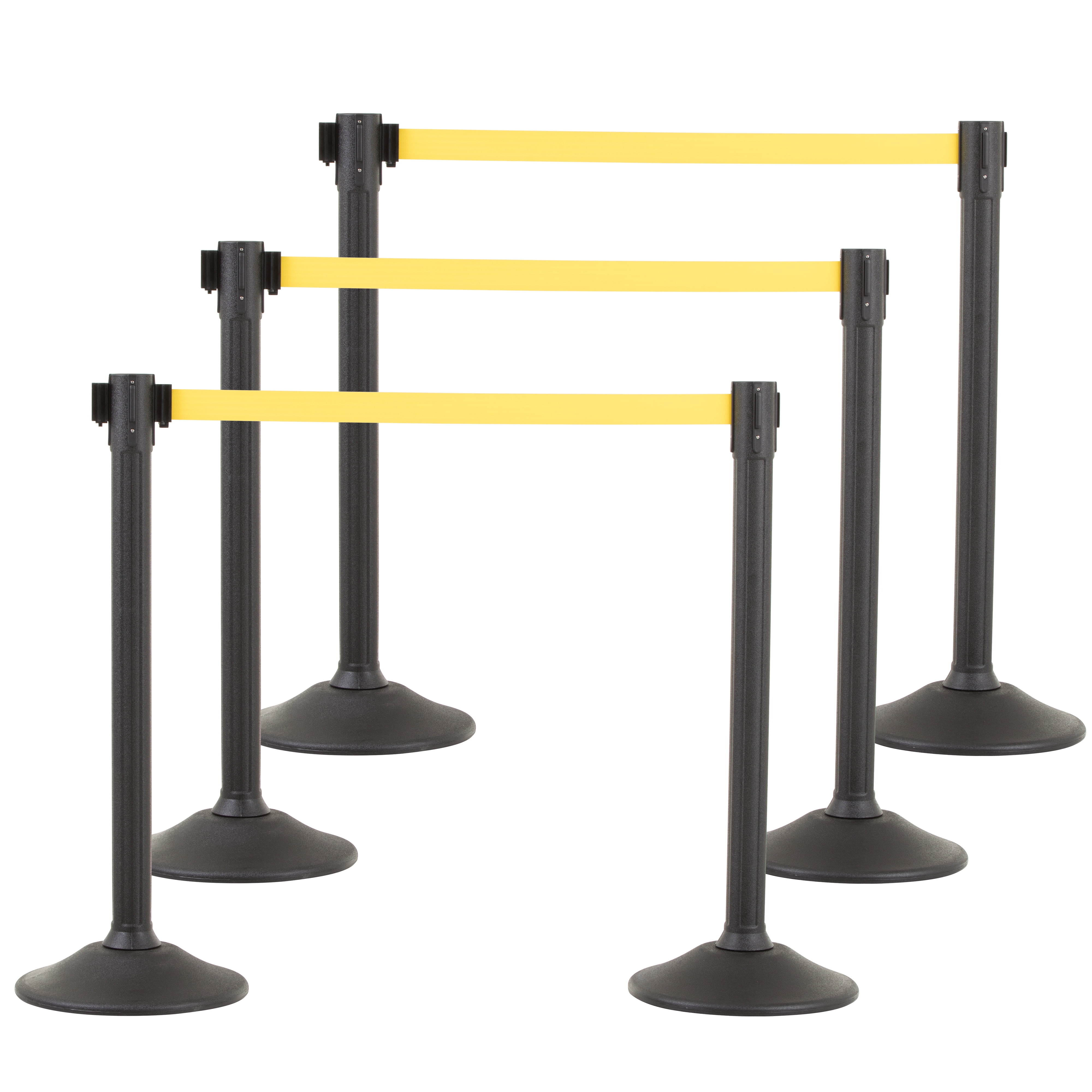 US Weight Black Plastic Stanchion for Crowd Control with 6.5' Retractable Yellow Barrier Belt with Tool-Free Assembly and Belt Ends that Fit Most Brands - 6 PK