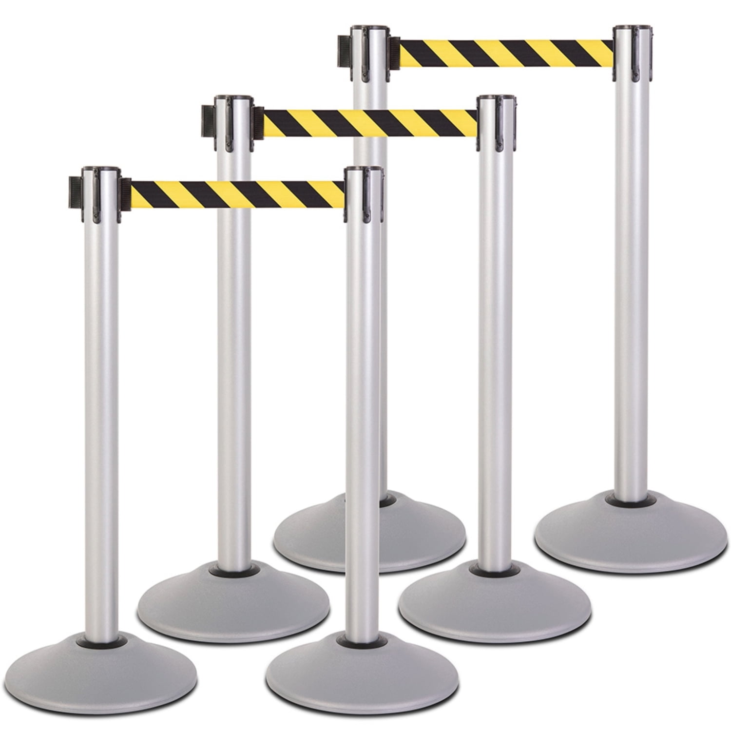 US Weight Heavy Duty Premium Silver Steel Stanchion with Chevron 7.5-Foot Retractable Belt- 6 PK