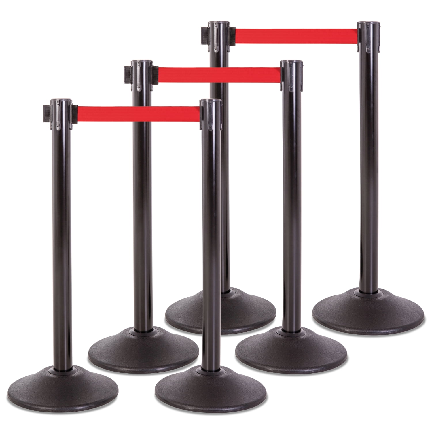 US Weight Heavy Duty Premium Black Steel Stanchion with Red 7.5-Foot Retractable Belt&nbsp;- 6 PK