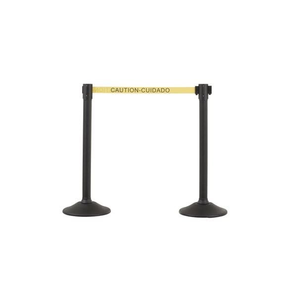 US Weight Sentry Stanchion 2-Pack Black Posts with Yellow 6.5' Nylon 'Caution' Retractable Belt for Crowd Control
