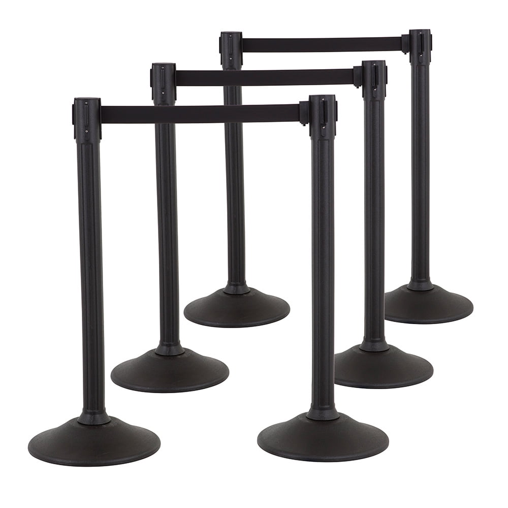 US Weight Sentry Stanchion 6-Pack – Black Posts with Extended 11' Black Nylon Retractable Belt for Crowd Control