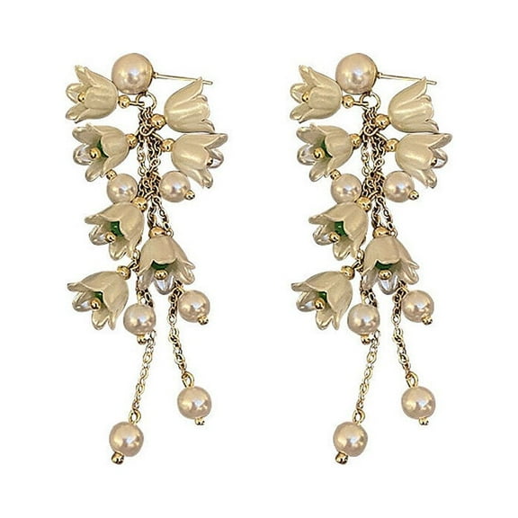 US White Fairy Flower Earrings Lily of the Valley w/ Pearl Long Tassel Earrings