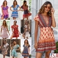 thumbnail image 1 of US Women Chiffon Summer Boho Short Mini Evening Cocktail Beach Dress Sundress, 1 of 5