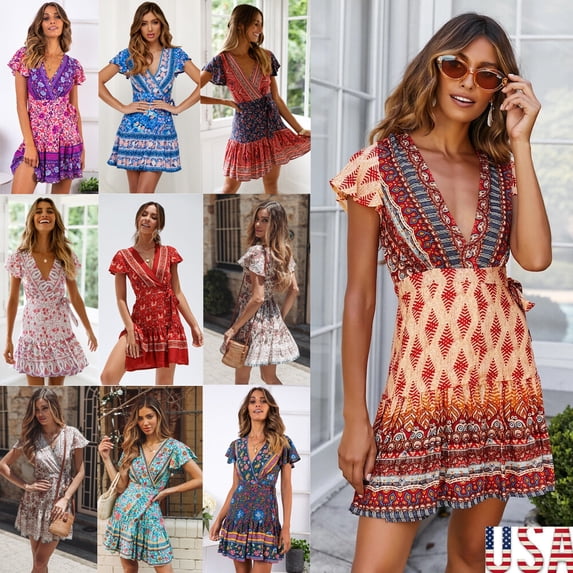 US Women Chiffon Summer Boho Short Mini Evening Cocktail Beach Dress Sundress