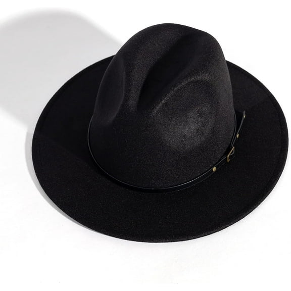 US Women's Classic Wide Brim Fedora Hat with Belt Buckle Felt Panama Hat