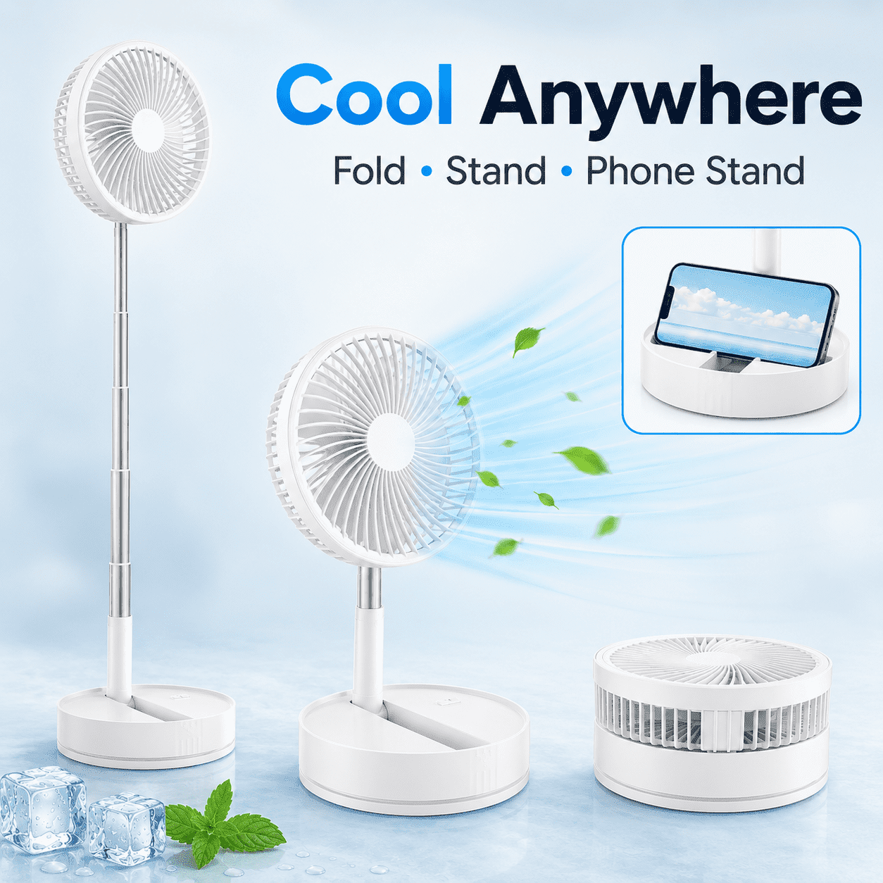 FENGDONG Foldable Rechargeable Fan 7.87 in 3-Speed Adjustable Height Pedestal Fan