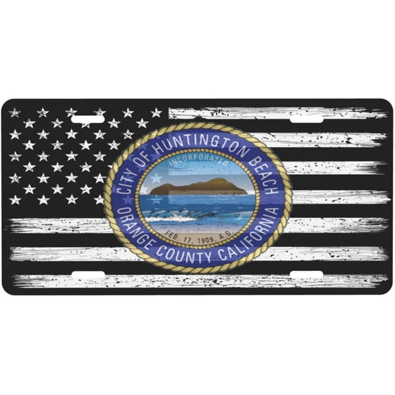 US and Seal of Huntington Beach, California License Plate Novelty Metal Plate Vanity Tag Aluminum Car Front License Plate Decor 6x12 Inch