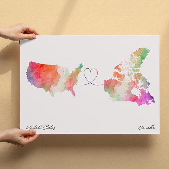 US to Canada Map Canvas Wall Art 8x12 inch – US to Canada Map Minimalist Wall Decor Canvas – Abstract Watercolor Art Print