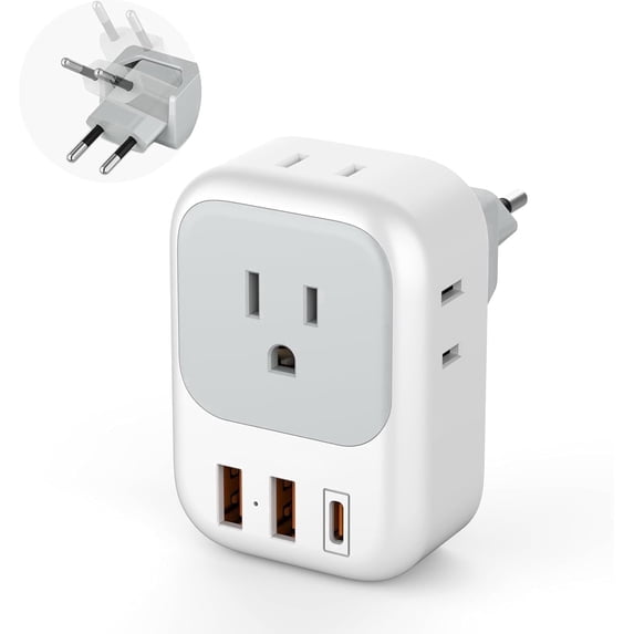 US to Europe Type C Travel Plug Adapter with 4 Outlets 3 USB Ports (1 USB C PD 20W), Foldable International Wall Charger, Gray & White