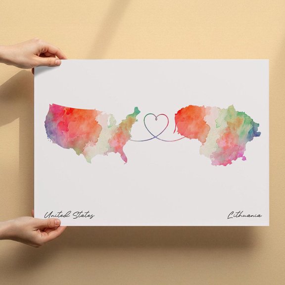 US to Lithuania Map Canvas Wall Art 8x12 inch – US to Lithuania Map Artistic Home Decor Canvas – Modern Abstract Watercolor Print