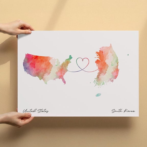 US to South Korea Map Canvas Wall Art 8x12 inch – US to South Korea Map Watercolor Canvas Poster – Modern Minimalist Artwork for Home
