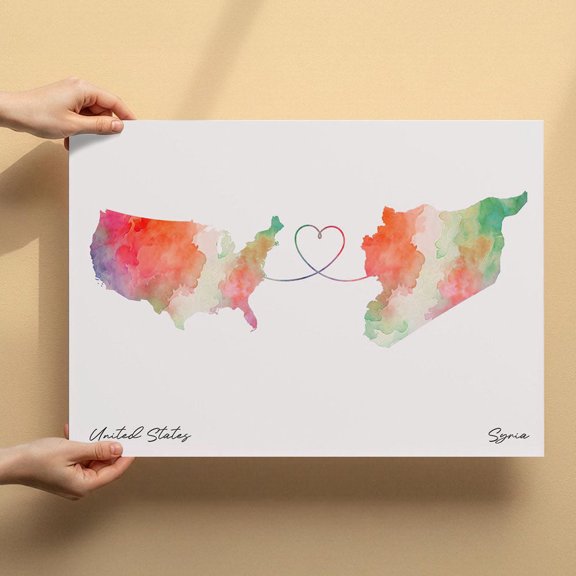US to Syria Map Canvas Wall Art 8x12 inch – US to Syria Map Artistic Wall Decor – Modern Watercolor Canvas Print