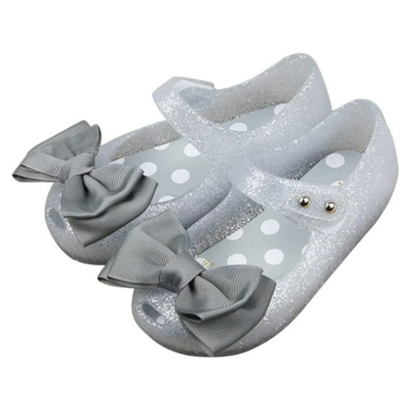 USA 10 Girls Princess Mary Jane Cloth Bow Jelly Shoes Flats(Silver)