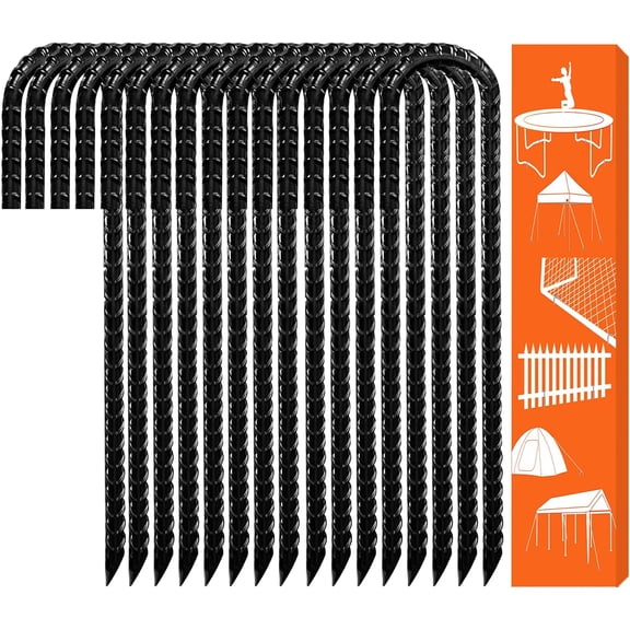 USA 16 Pack Rebar J-Shape Groud Stakes, Heavy Duty Ground Anchors, Windproof Anti-Flip Metal Tent Pegs for Trampoline,Soccer Goals, Fences and Outdoor Playts