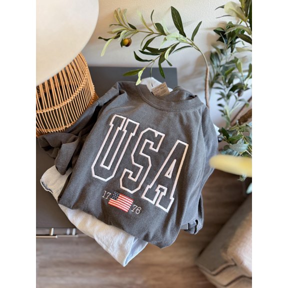 USA 1776 Comfort Colors Tee -- Embroidered, 4th of July Tee, Short Sleeve