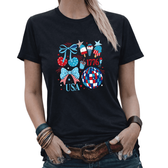 USA 1776 Patriotic Coquette Bow Popsicle Graphic Tees Women's 4th of July Summer Tshirt Tops Black/White S-5XL