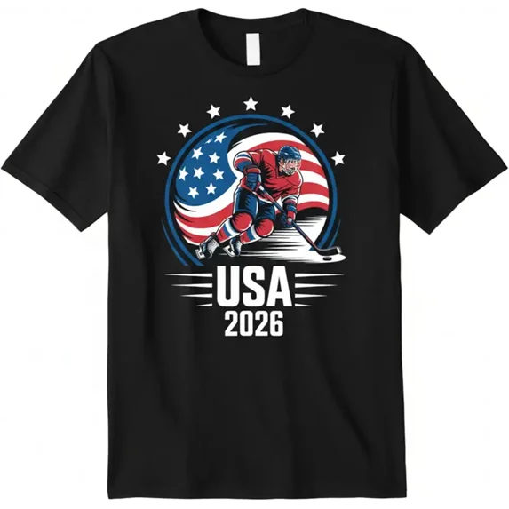 USA 2026 Ice Hockey Graphic T-Shirt Patriotic American Flag Sports Fan Apparel Retro Men's Women's Short Sleeve Tee