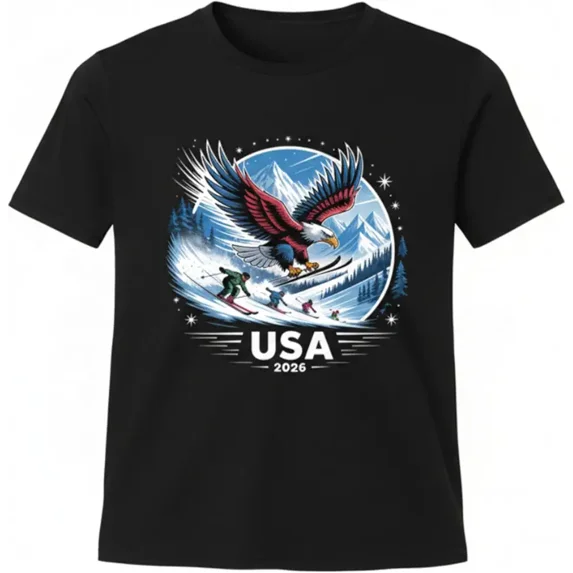 USA 2026 Patriotic Bald Eagle Skiing Graphic T-Shirt Retro Winter Sports Mountain Adventure Tee for Men and Women