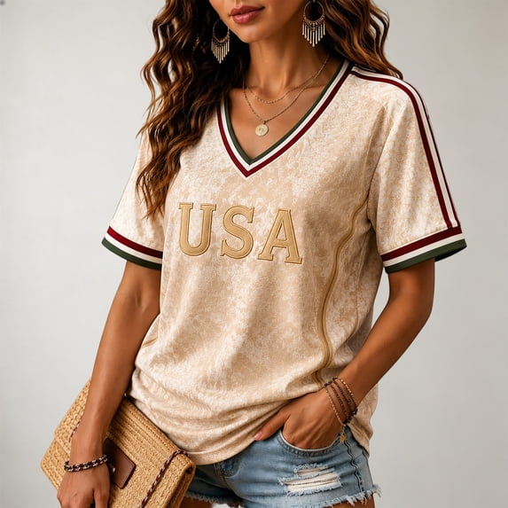 USA 2026 Soccer Cup Fan Jersey for Women, V-Neck Short Sleeve T-Shirt with Vintage Floral & Gold Letter Print, Breathable Casual Sports Tee Pullover Top, 1 PC Beige L