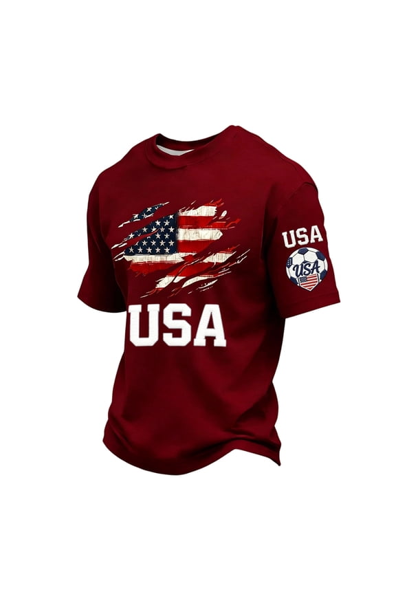 USA 2026 Soccer Cup Flag Scratch Tee for Men, Short Sleeve Crew Neck Shirt with Bold Letter Print & Sleeve Badge, Breathable Patriotic Fan Top, Lightweight Athletic Jersey, 1 PC Wine L