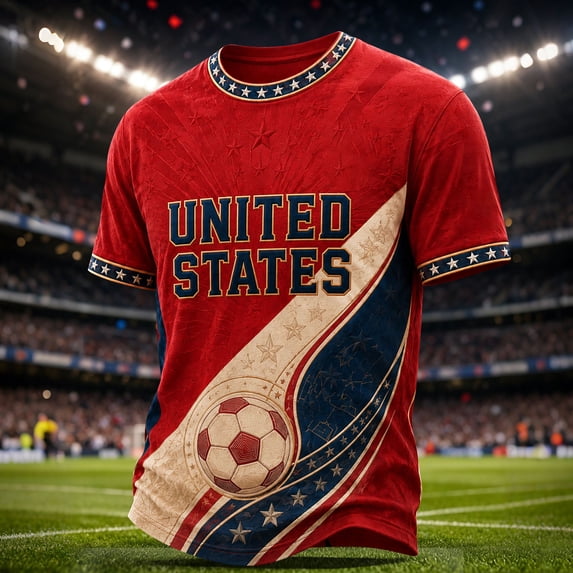 USA 2026 Soccer Cup Style V-Neck Jersey for Men, Short Sleeve Breathable Top with Dynamic Star & Ball Graphic, Lightweight Athletic Shirt, 1 PC Wine XXXXL