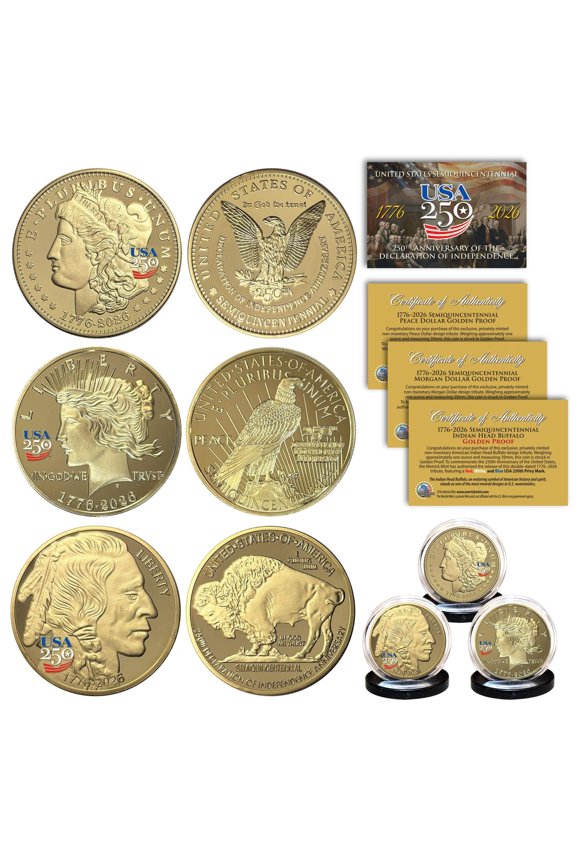 USA 250 America's Anniversary MORGAN PEACE BUFFALO Golden 1oz Tribute Proofs 3-Coin Set